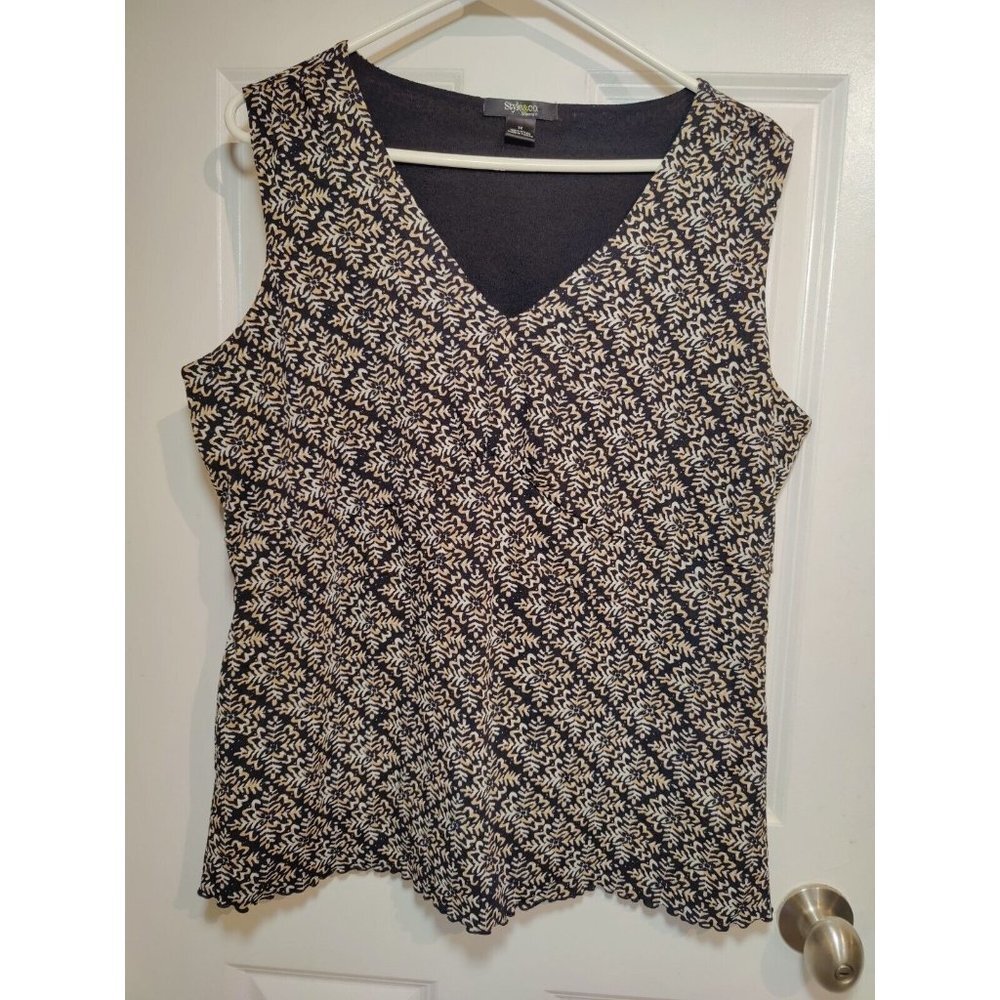 Style & Co Sleeveless V-Neck Boho‎ Stretch Tank Blouse Black Brown 1X